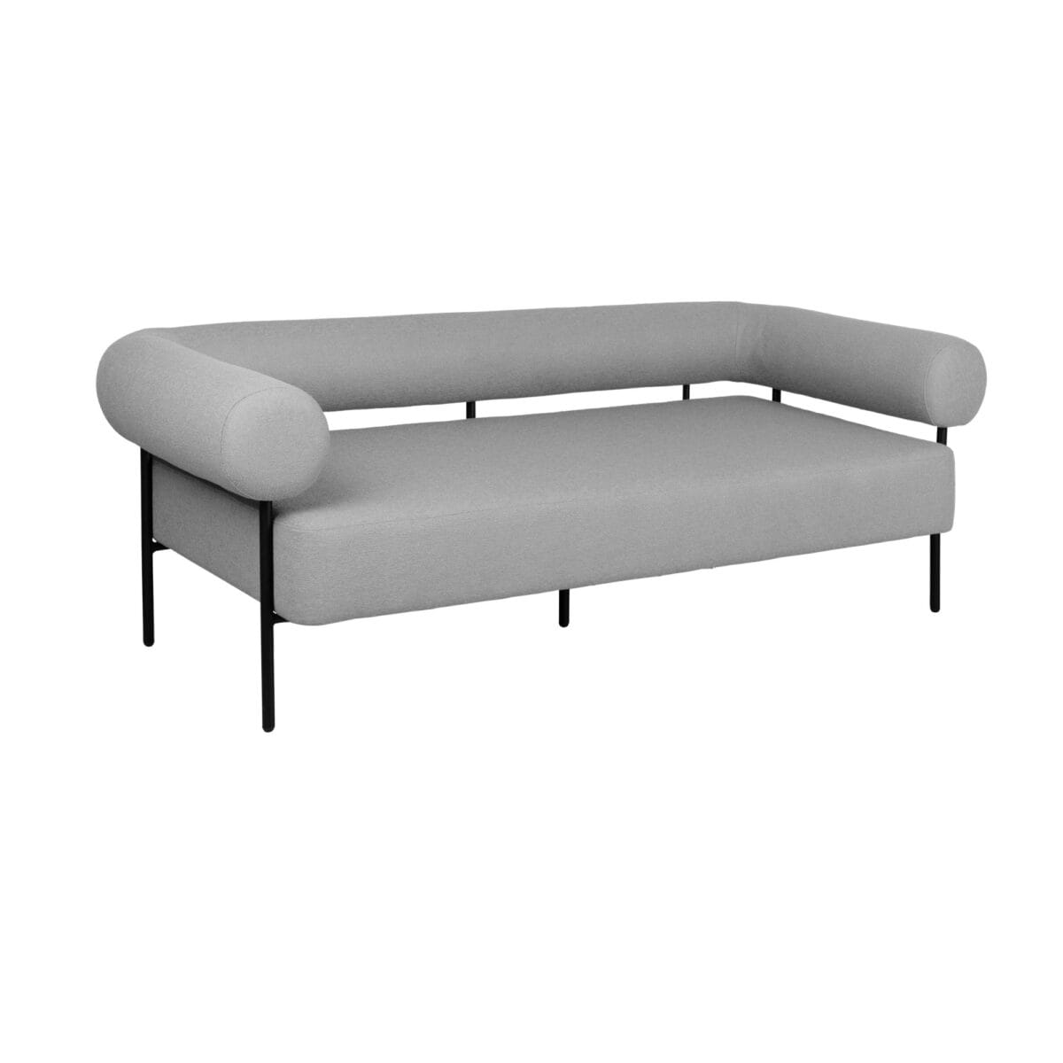 Gray modular sofa with cylindrical armrests and slim black legs against a white background, viewed from a front-right angle.