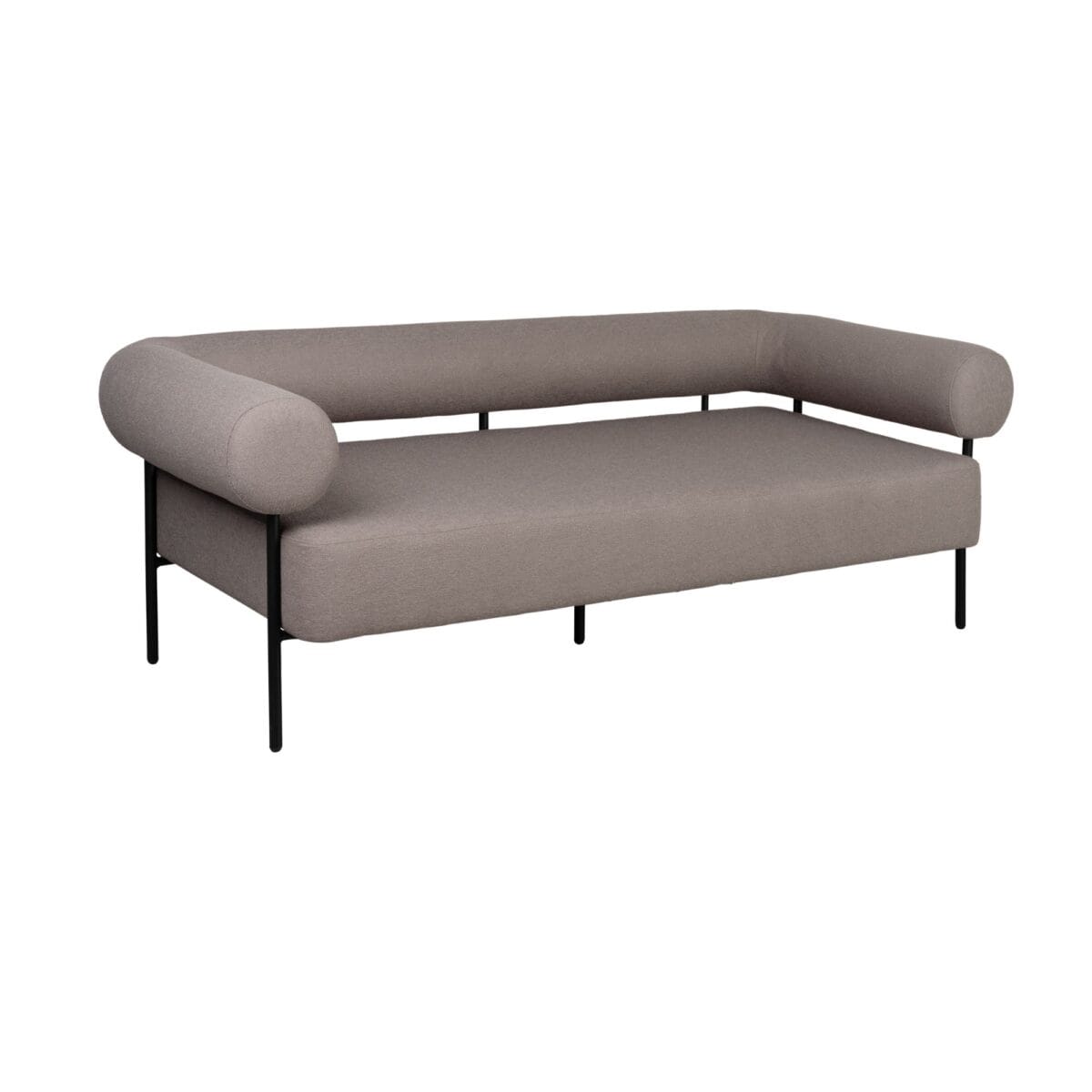 Taupe fabric sofa with rounded cylindrical armrests and slim black metal legs against a white background (modern modular seating).