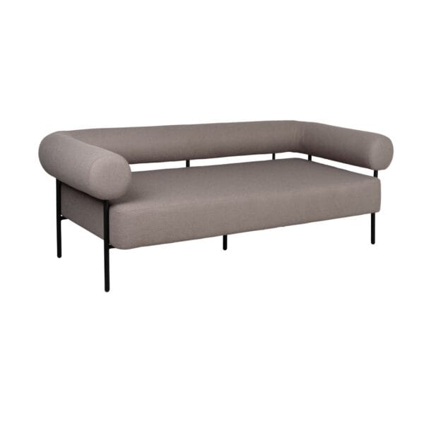 Taupe fabric sofa with rounded cylindrical armrests and slim black metal legs against a white background (modern modular seating).