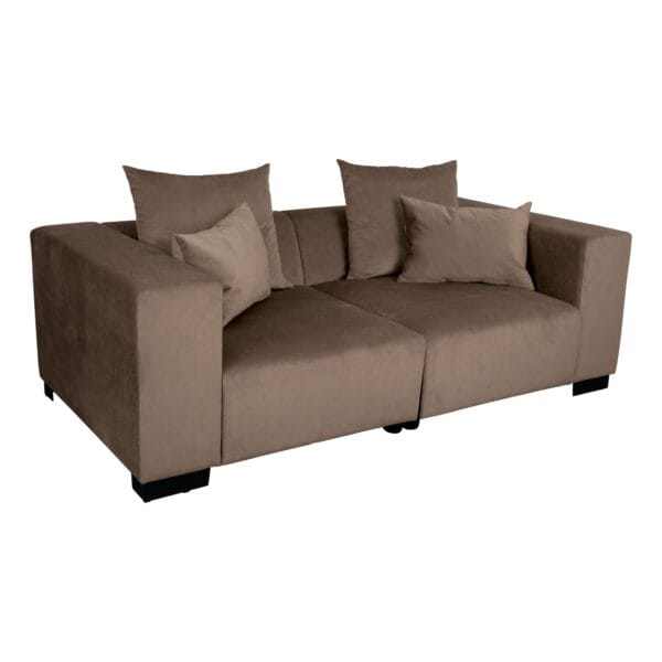 Brown fabric sectional sofa with multiple matching cushions against a white background.