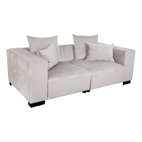 Beige upholstered sofa with several light-colored cushions viewed from the front.