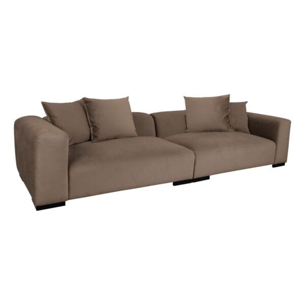Brown upholstered sofa with multiple cushions, shown against a white background. Reassuring living-room seating image.