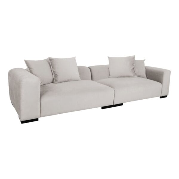 Light gray sofa with several matching cushions seen from the front against a white background.