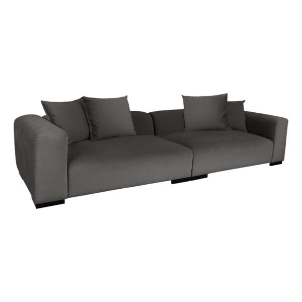 Close-up of a dark gray sofa with multiple cushions against a white background, showing curved armrests and low-profile legs.