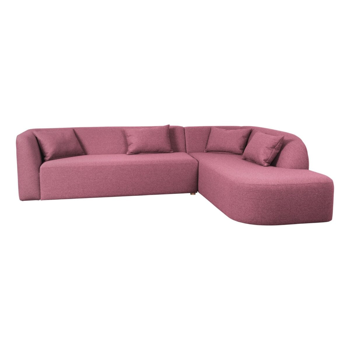 Pink fabric sectional sofa with multiple cushions seen against a white background.