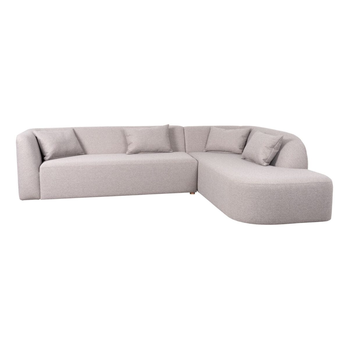 Light gray sectional sofa with multiple cushions on a white background (L-shaped with chaise).
