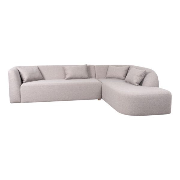 Light gray sectional sofa with multiple cushions on a white background (L-shaped with chaise).