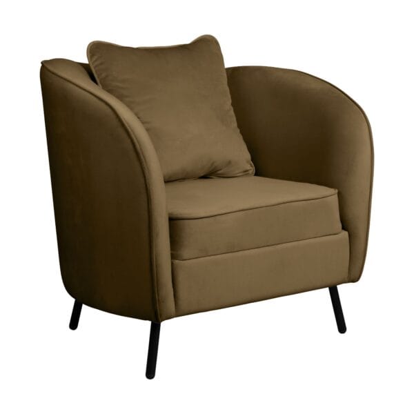 Brown upholstered armchair with a cushion, shown from a side-angle view.