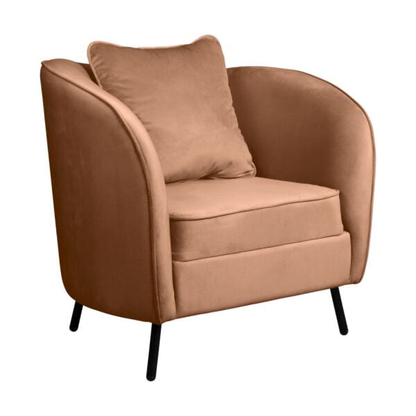 Tan upholstered armchair with curved armrests and black angled legs, close view of cushion and seat.