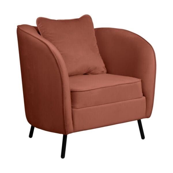 Rust-colored upholstered armchair with curved arms and slender black legs, close-up view of cushion and side.Important for seating furniture visuals and texture.