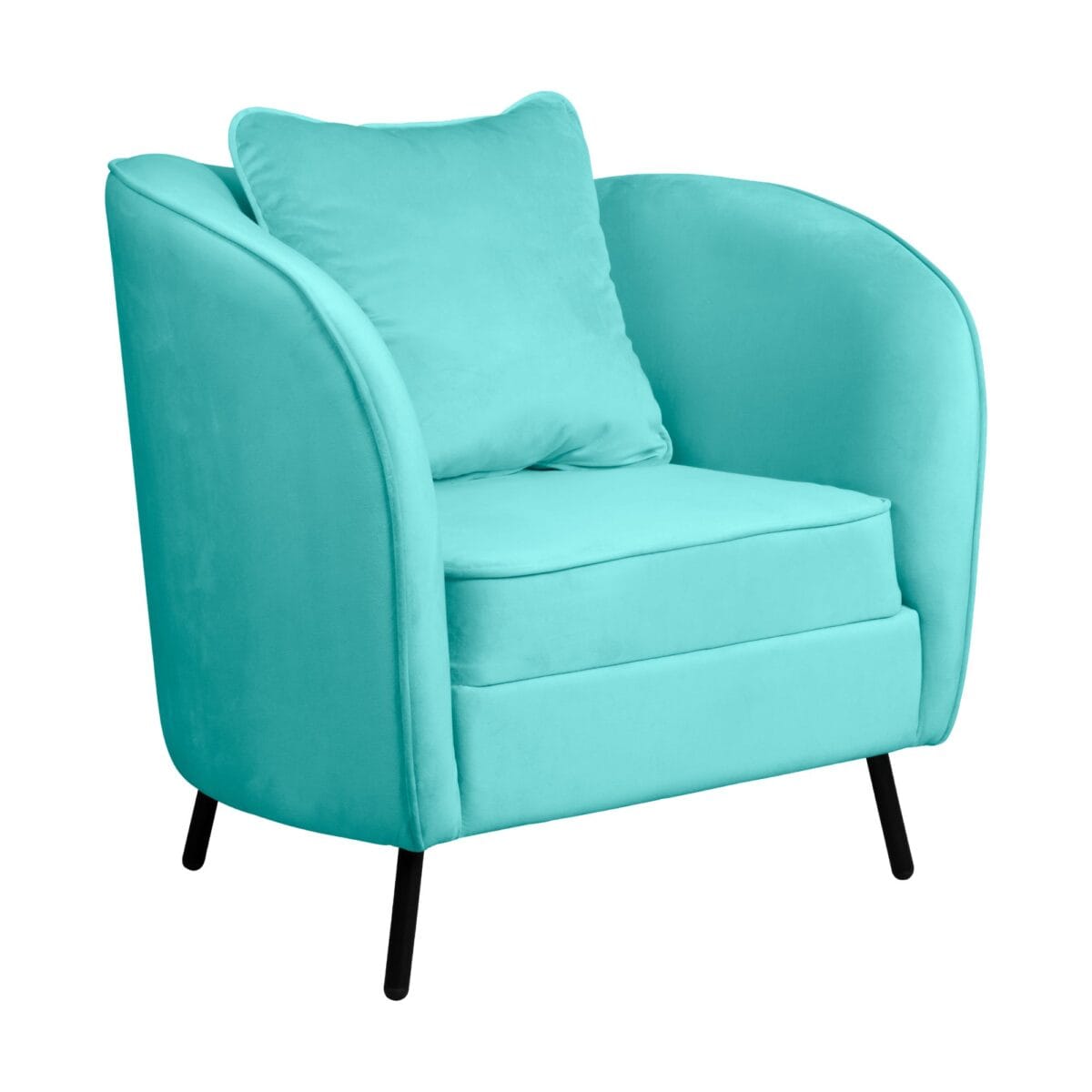 Teal upholstered armchair with a matching square cushion and black angled legs, viewed from side.