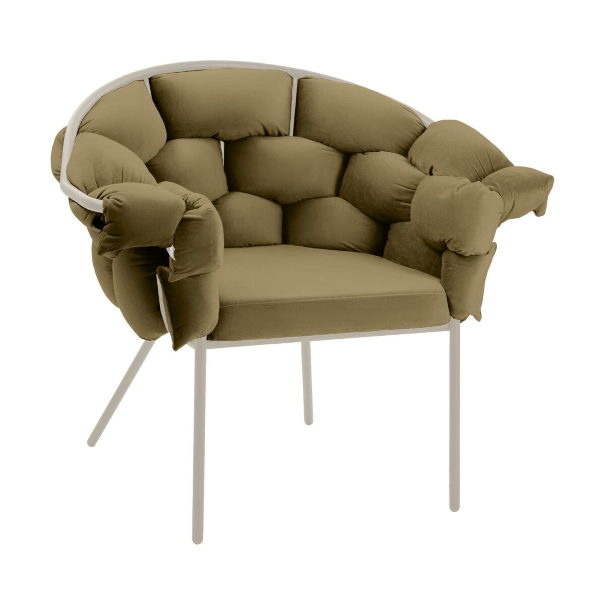 Tan cushioned lounge chair with a rounded back and white metal legs, photographed against a white background.