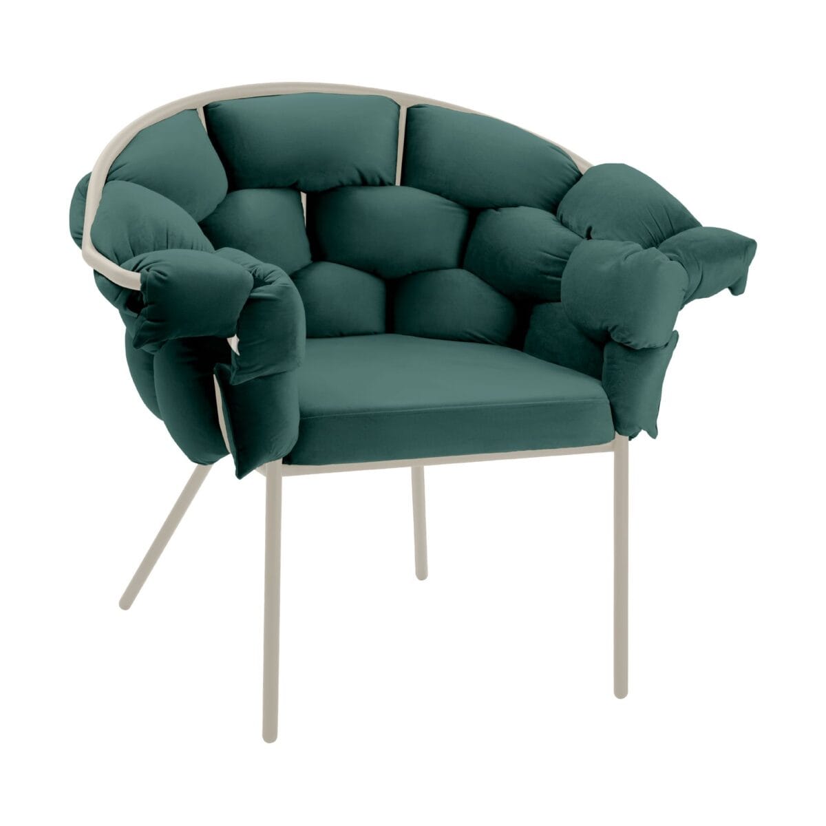 Teal green upholstered lounge chair with a light beige metal frame, shown from the side of the chair.