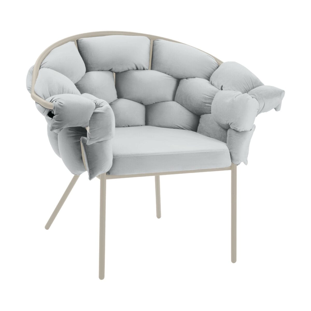 Light gray tufted armchair with a beige wooden frame and slim legs, shown from the side/angle.