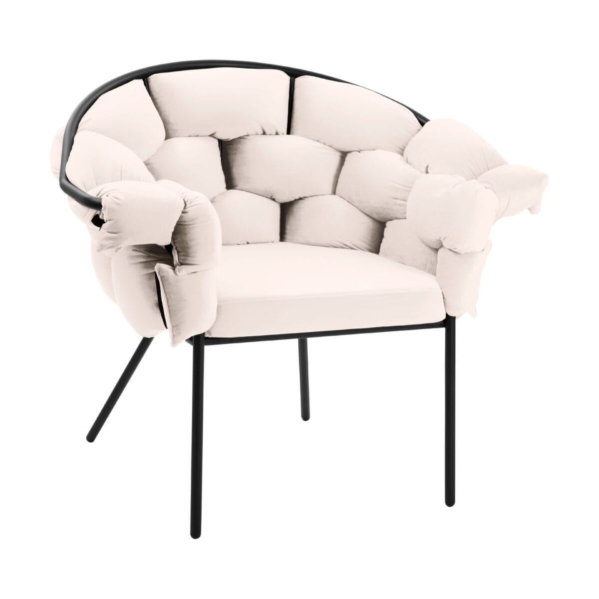 Cream tufted accent chair with a rounded back, beige cushions, and black metal legs/frame.