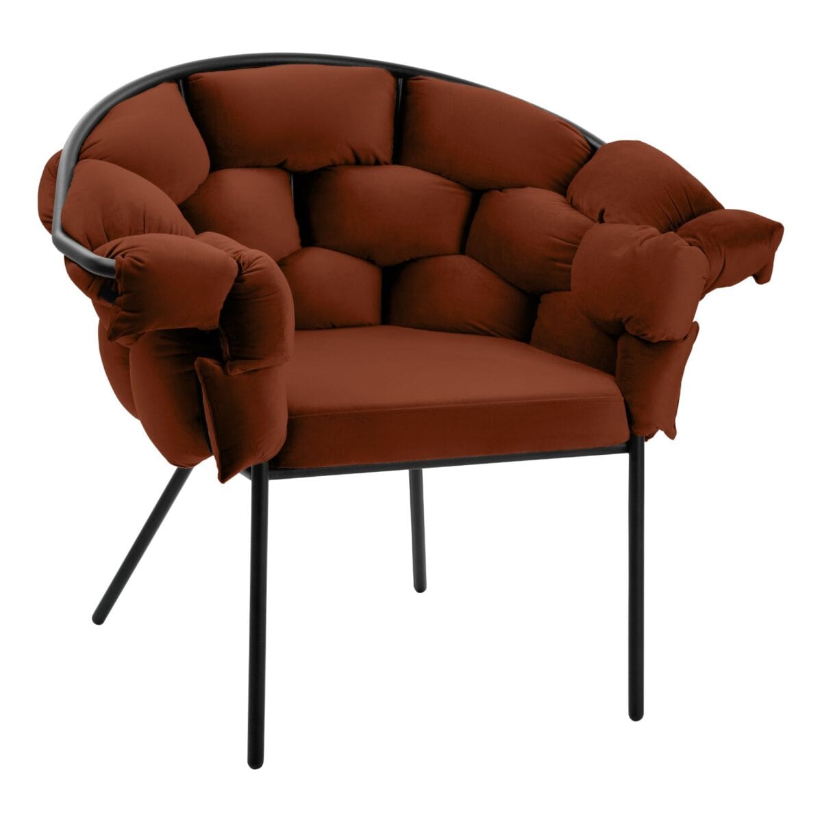 Red-brown upholstered armchair with a black metal frame, shown from the side/back corner view.