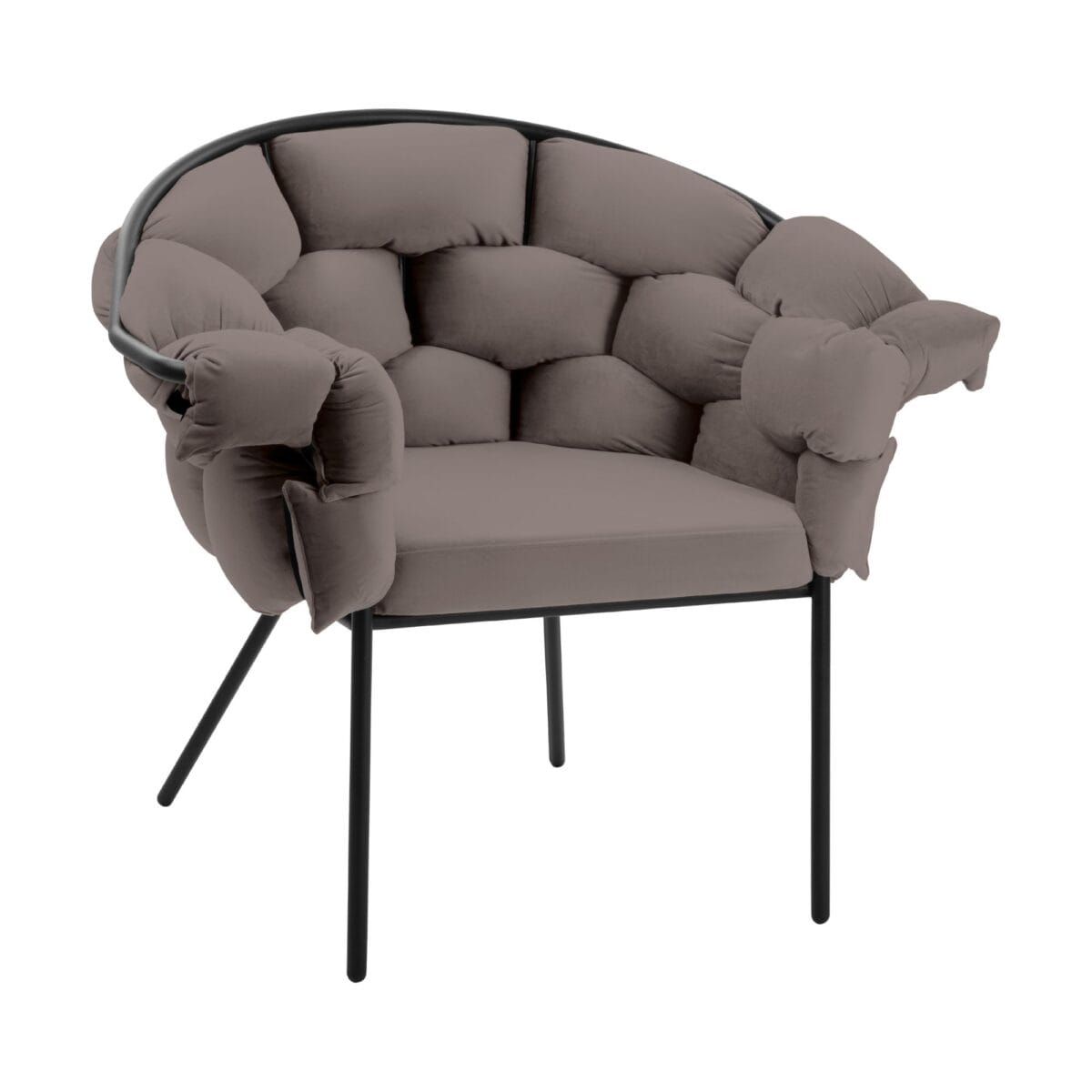 Taupe padded accent chair with a curved back and black metal legs, showing a plush, cushioned design.