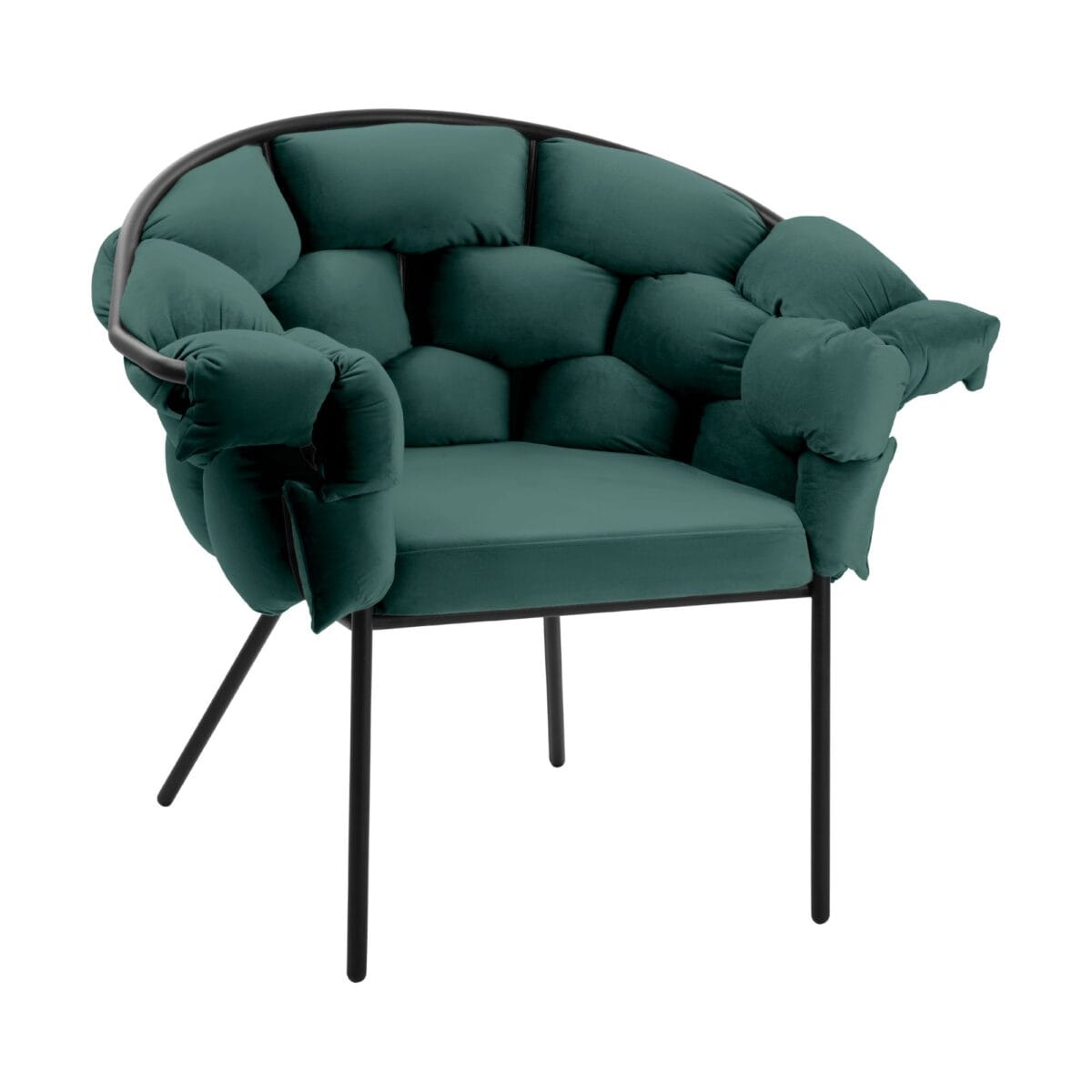Teal green cushioned armchair with a curved back and slim black metal legs, shown from a side angle.
