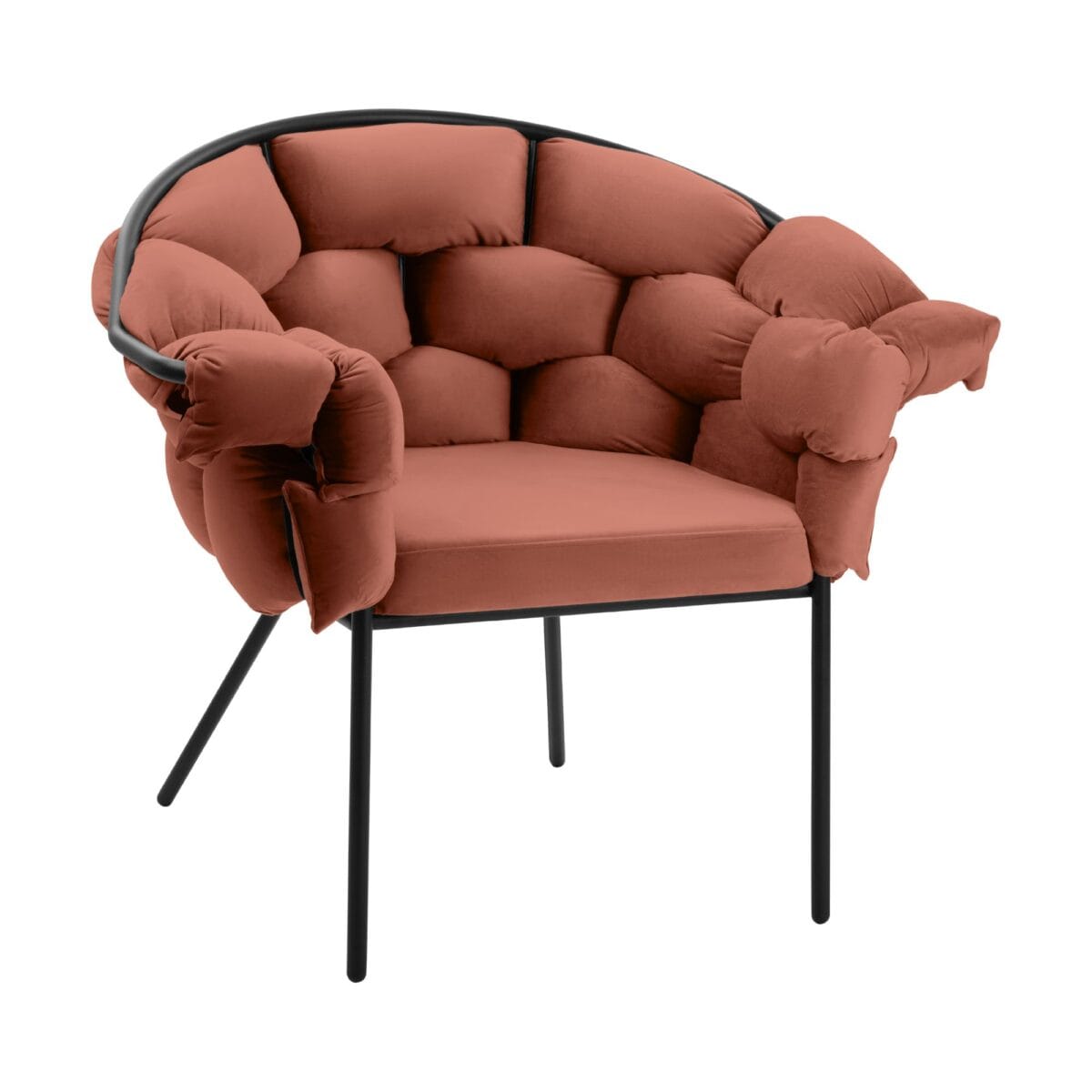 Rust-colored cushioned lounge chair with a curved back and black metal legs, shown from the side.