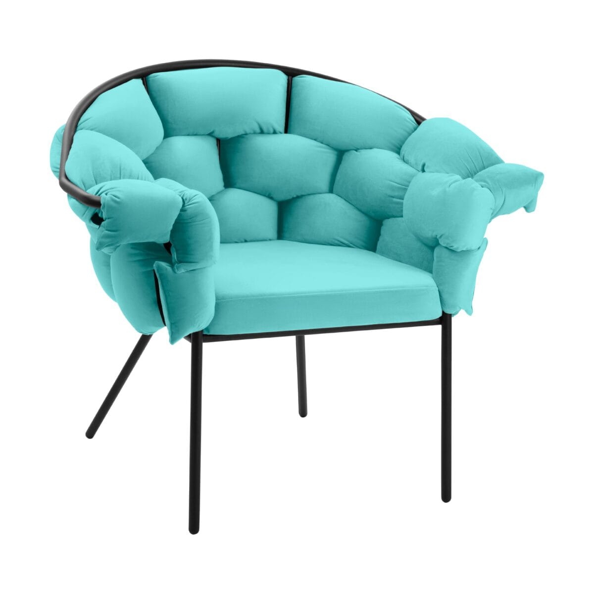 Turquoise cushioned armchair with a black metal frame, shown in a close-up of the seat and arm area.