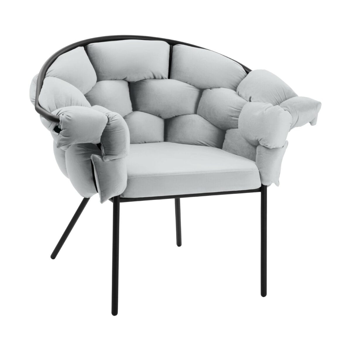 Pale gray cushioned armchair with a curved back and black metal legs, shown from the side.