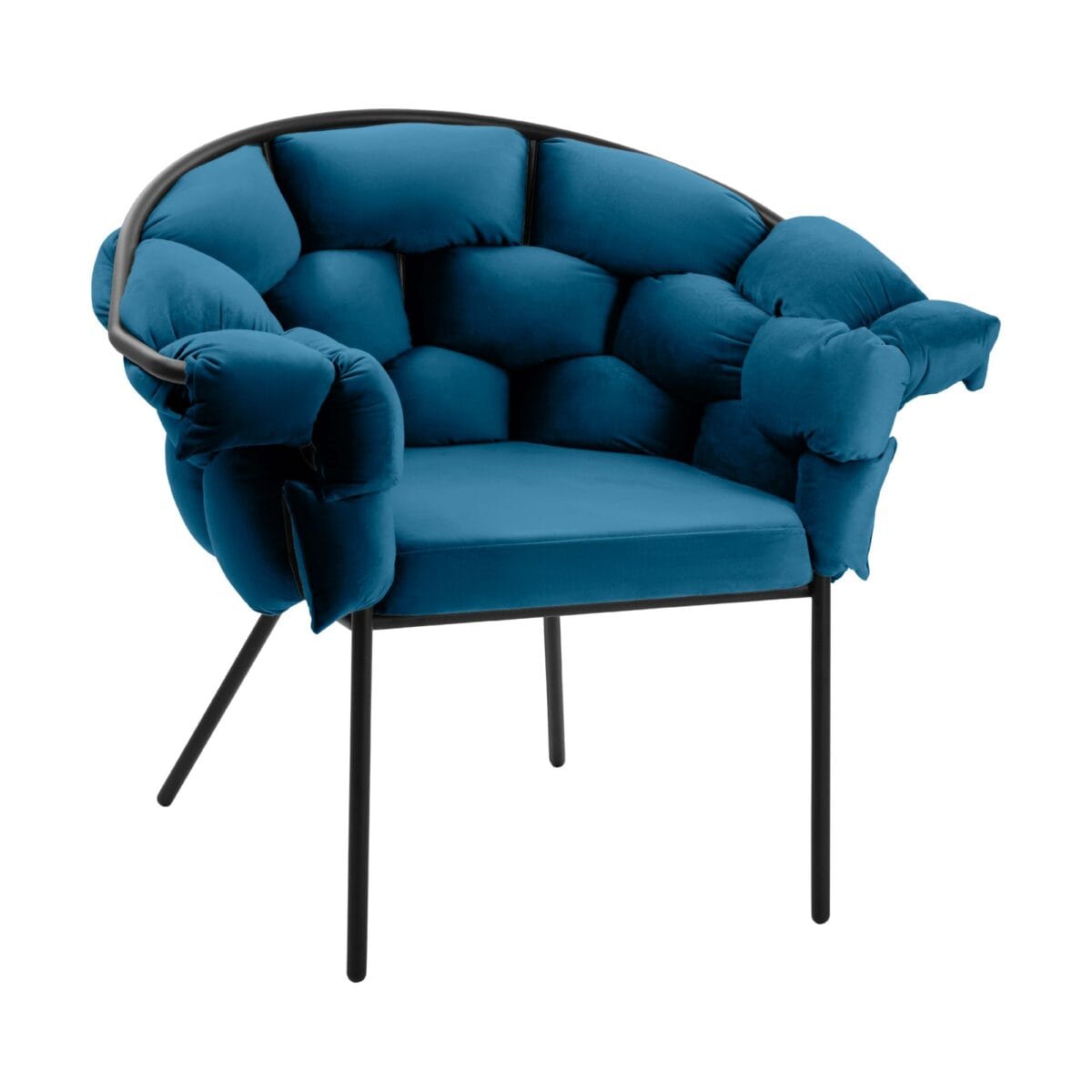 Blue upholstered lounge chair with tufted cushions and black metal legs, viewed from the side against a white background.