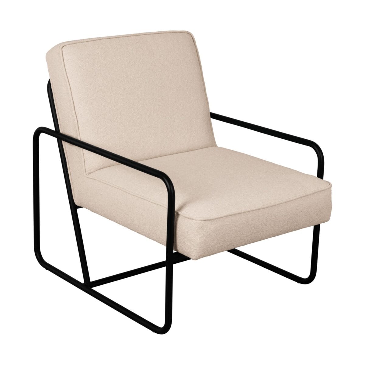 Beige upholstered chair with a black metal frame shown at an angle.