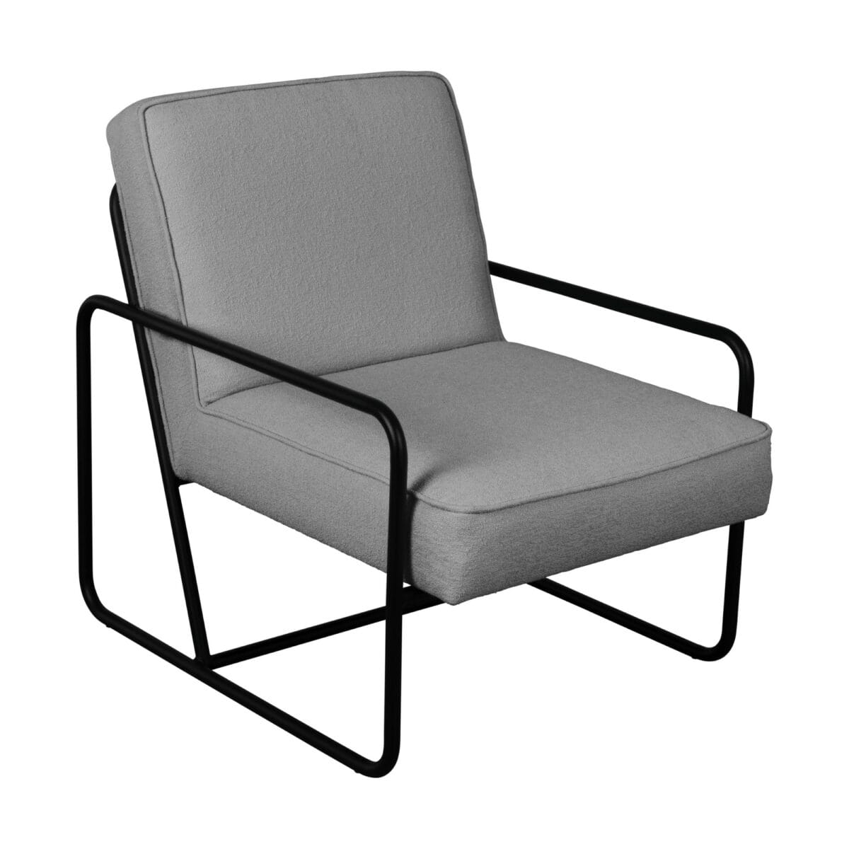 Grey upholstered office chair with black metal frame and curved armrests, partial view from side.