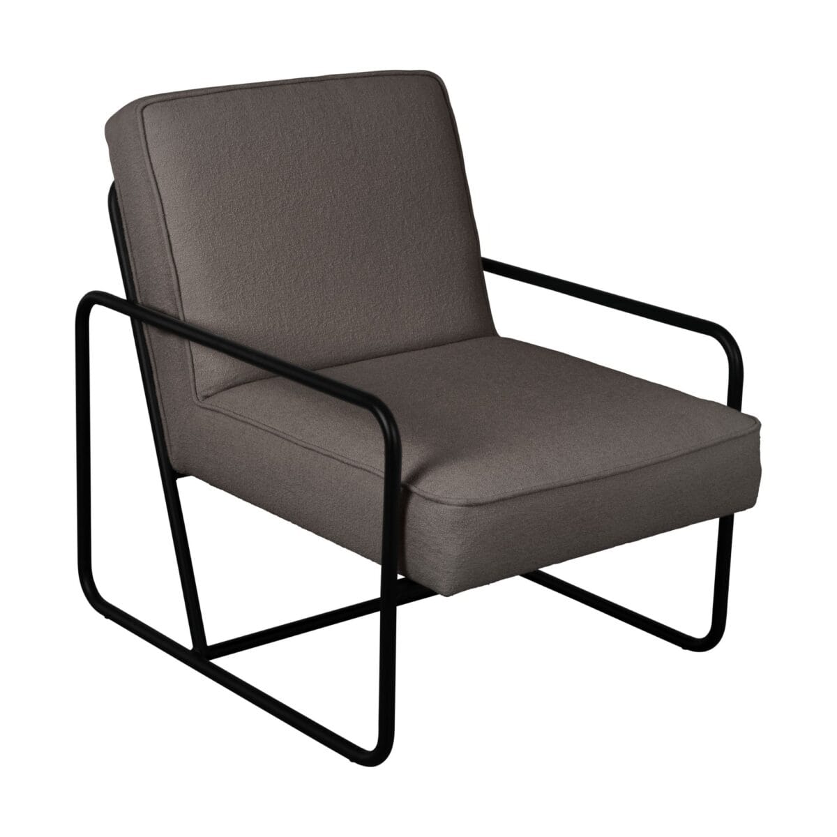 Brown upholstered lounge chair with a black metal frame, shown from a tilted side view, partial perspective.