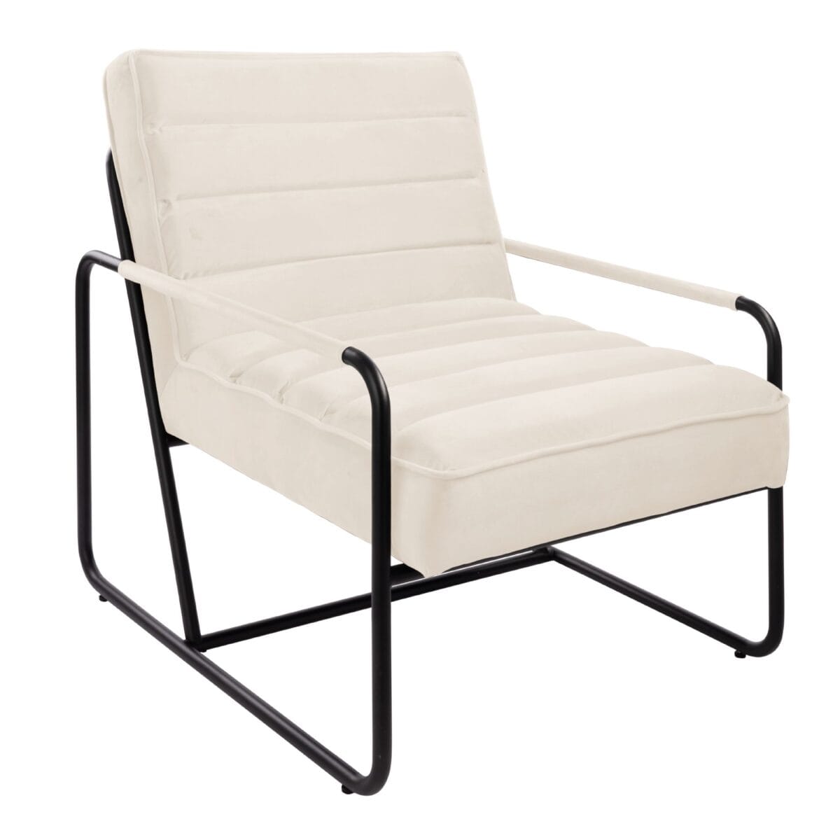 Cream upholstered lounge chair with a black metal frame viewed from the side, showing padded segments on the back and seat.