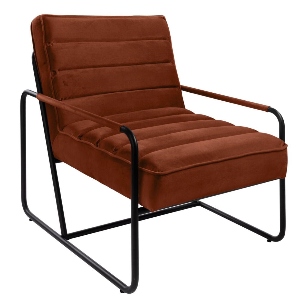 Rust-orange cushioned lounge chair with a black metal frame from a diagonal angle.