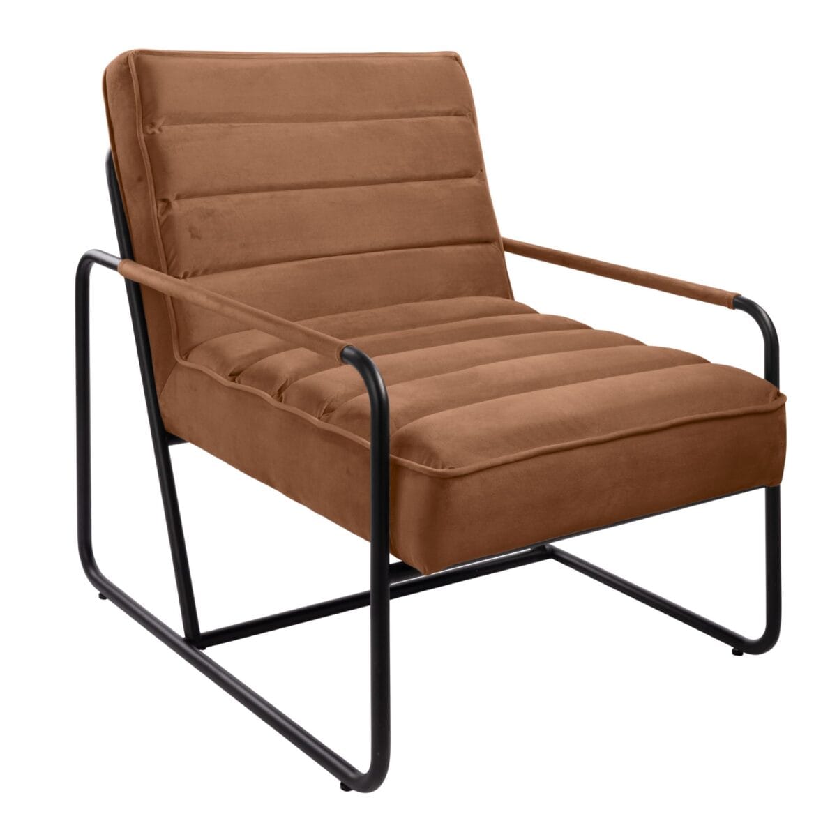 Brown cushioned lounge chair with a black metal frame viewed at an angle