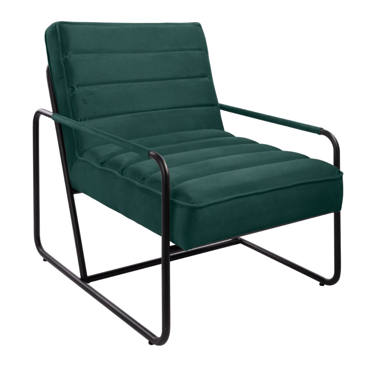 Green cushioned lounge chair with a black metal frame and armrests