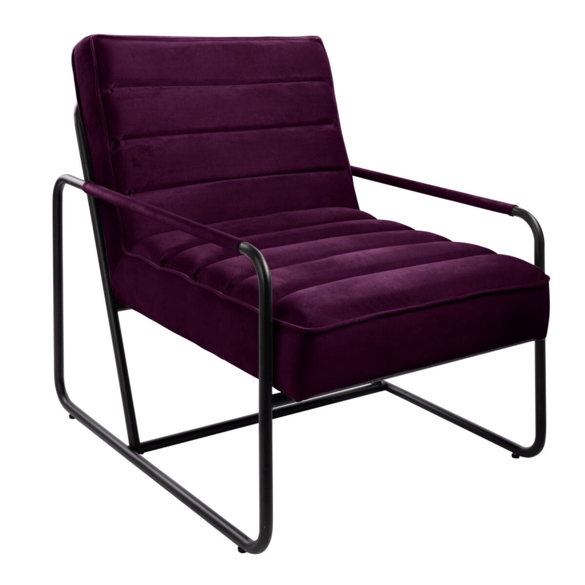 Purple upholstered lounge chair with a black metal cantilever frame and padded cushions