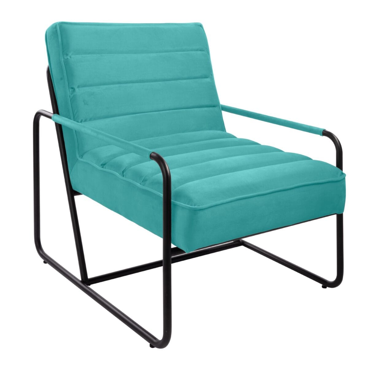 Teal cushioned lounge chair with a black metal frame, shown from a side angle.