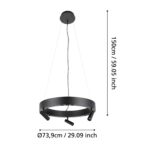Suspended black circular pendant light with a ring and three adjustable spotlights hanging from cables; diameter Ø73.9 cm (29.09 in).