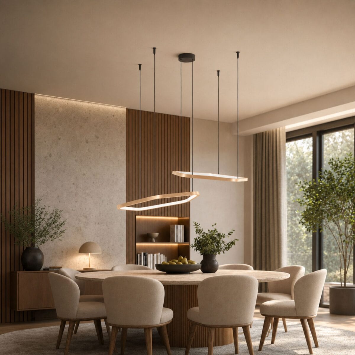 Lustra Estrella 390507 de la Eglo deasupra unei mese într-un ambient modern cu lumina aprinsă