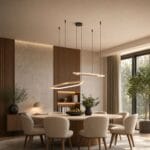 Lustra Estrella 390507 de la Eglo deasupra unei mese într-un ambient modern cu lumina aprinsă