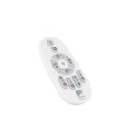 White remote control with gray buttons arranged in a circular pad on a white background, viewed at an angle.