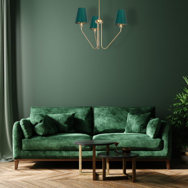 Candelabru auriu Victoria cu 3 abajururi textile verzi – E27 3X60W IP20