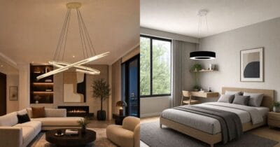 De ce sunt tot mai căutate lustrele cu telecomandă Split image of a modern home interior: left a living room with a sculptural chandelier and a fireplace; right a minimalist bedroom with a wood bed, desk, and pendant light.