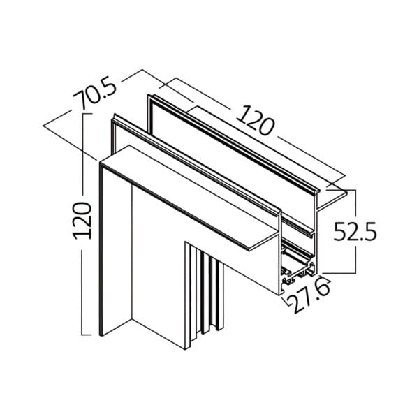 Dimensiunile generale ale coltului exterior vertical by41810121 pentru sina magnetica incastrata