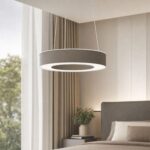 Lustra Guamare 39994 de la Eglo cu abajur textil și lumina aprinsă într-un dormitor modern