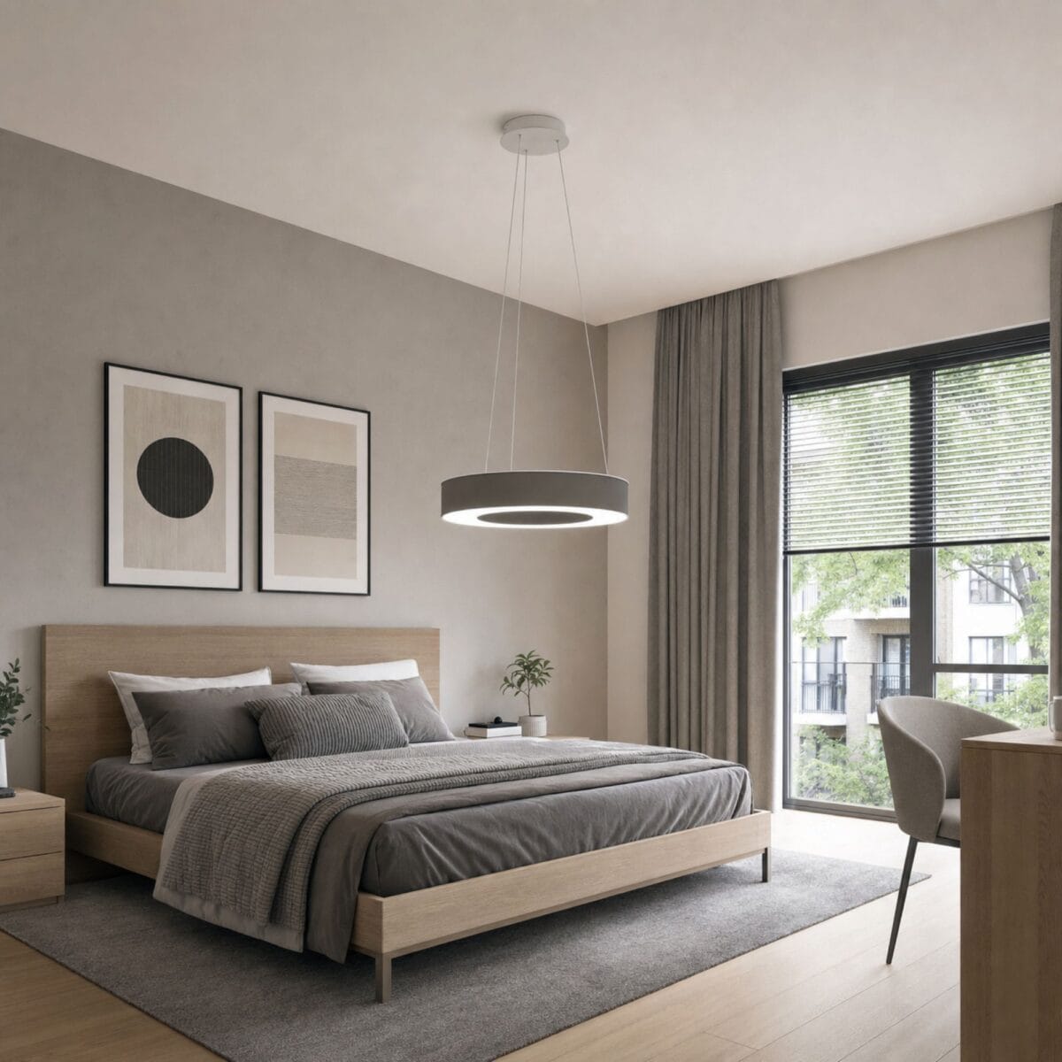 Lustra Guamare 39994 de la Eglo este prezentată într-un dormitor luxos cu lumina aprinsă