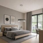 Lustra Guamare 39994 de la Eglo este prezentată într-un dormitor luxos cu lumina aprinsă
