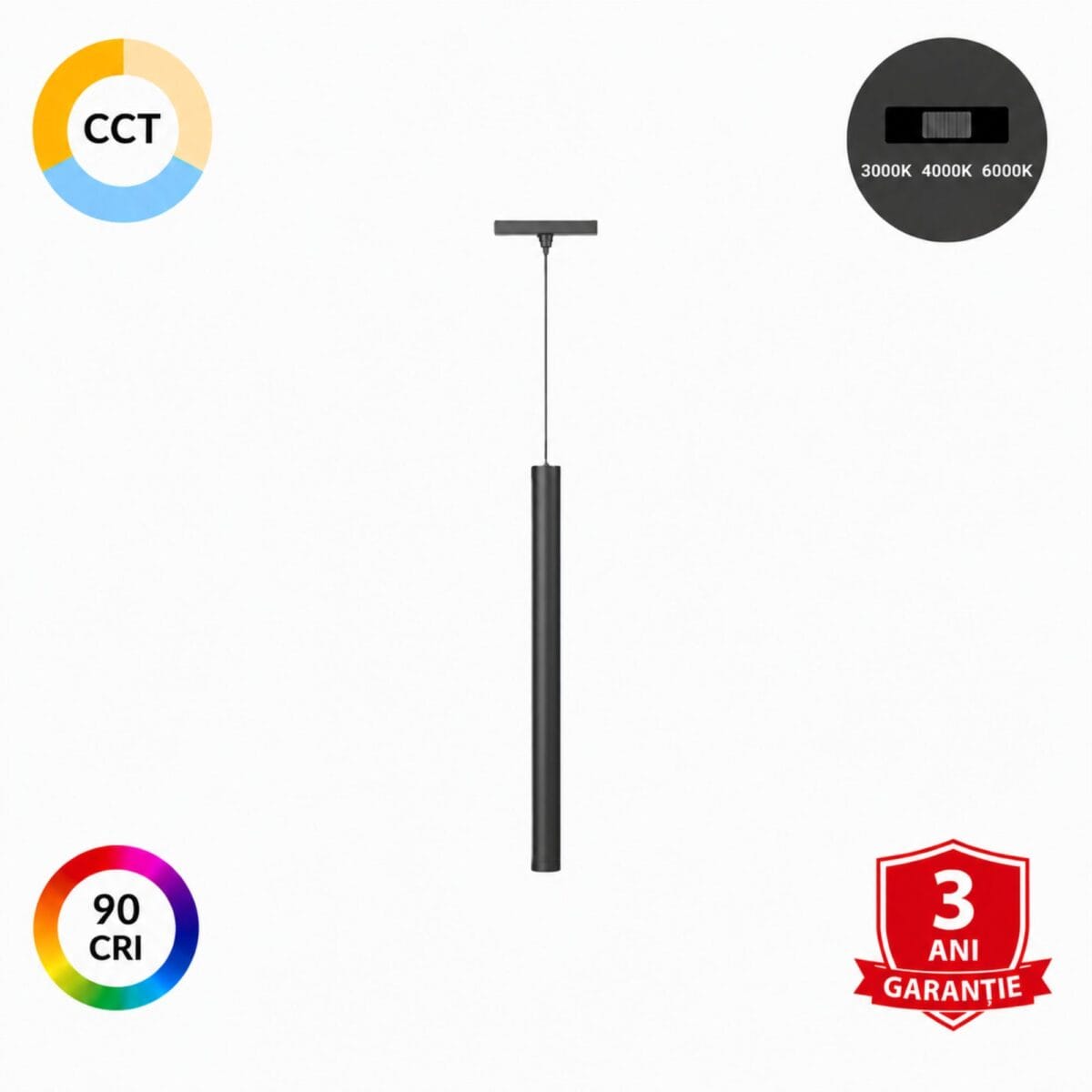 Pendul pentru șine magnetice cu LED integrat, putere de 7W, flux luminos de 510 lumeni și înălțime reglabilă până la 1000 mm.