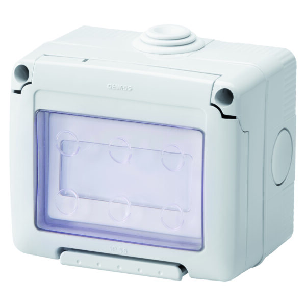 Doza aparenta completa cu Buton 1P NO 10A - Placuta de Identificare Iluminabila - IP55 Gri RAL 7035