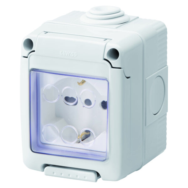 Doza aparenta completa cu Priza 2P+E 16 A cu Amperaj Dublu - Standard Italian/German - IP55 Gri RAL 7035