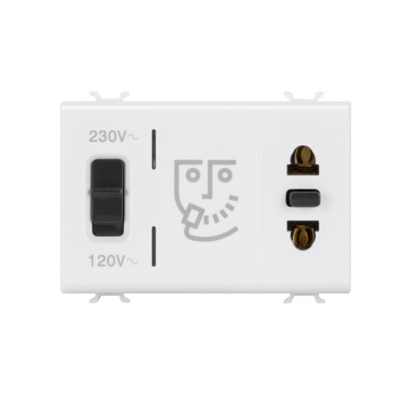 Priza Standard Euro-americana pentru aparat de Ras cu Transformator de Izolatie - 230V 50/60 Hz - 3 Module - Alb Lucios - Antibacterian - CHORUSMART