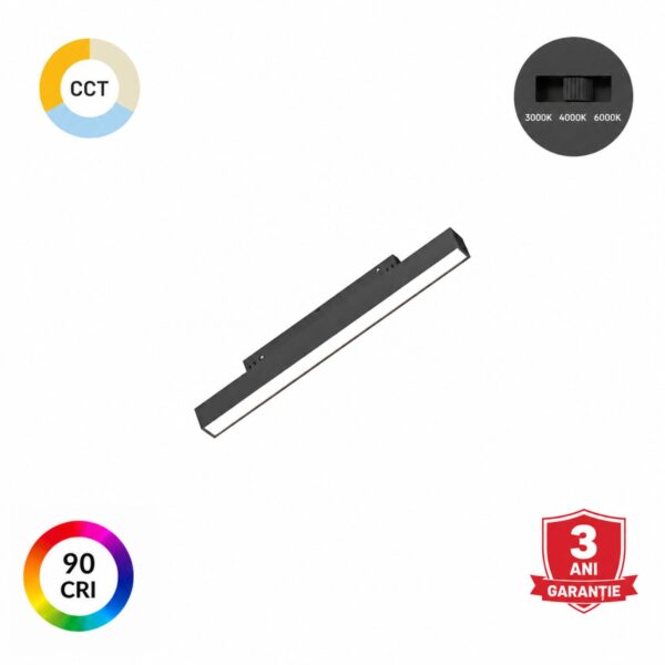 Spot liniar cu LED integrat pentru șină magnetică încastrată sau aplicată cu putere de 10W, flux luminos de 950 lumeni și funcție CCT integrată.